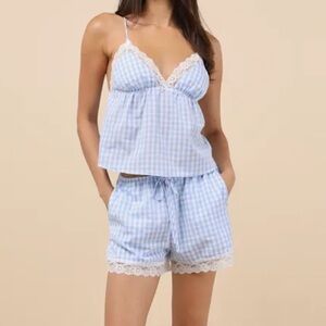 NWOT Lulus Set-Kendra Blue Gingham Lace Top & Bud Blue Gingham Lace Shorts